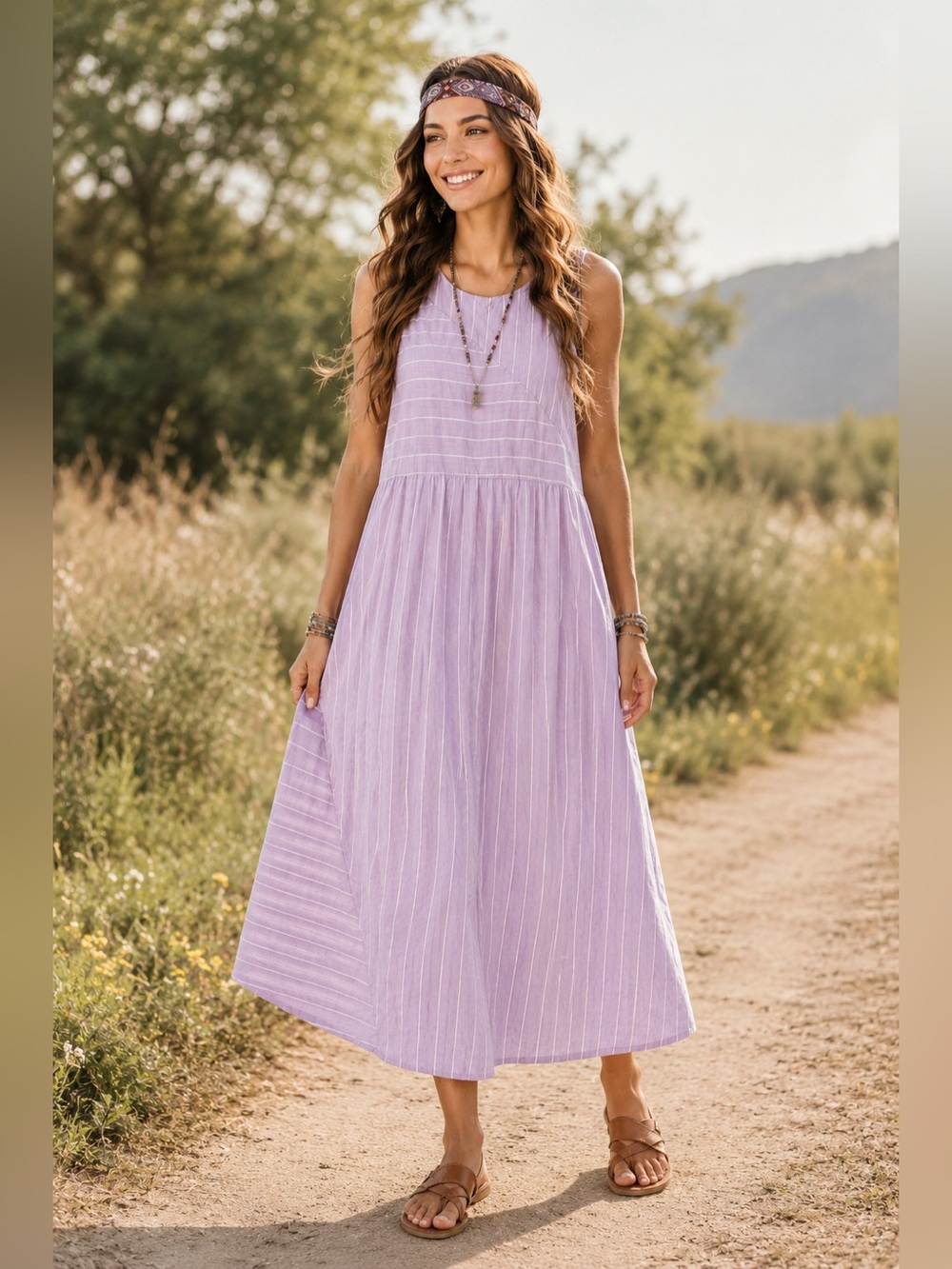 Vanessa Zani Italian 100% Linen Midi Dress Purple Stripe Pockets M EUC